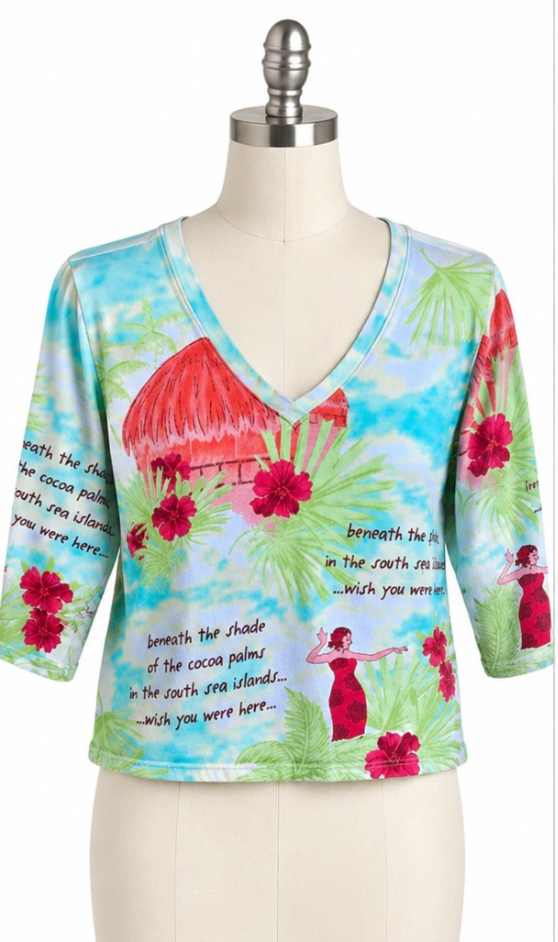 VNTG 90s Tropical Print V Neck Top Red Hibiscus Palm Trees Graphic Colorful XL